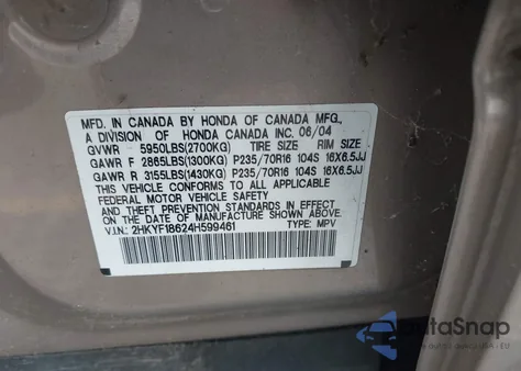 2004 Honda Pilot Ex-L from USA, damaged, VIN 2HKYF18624H599461